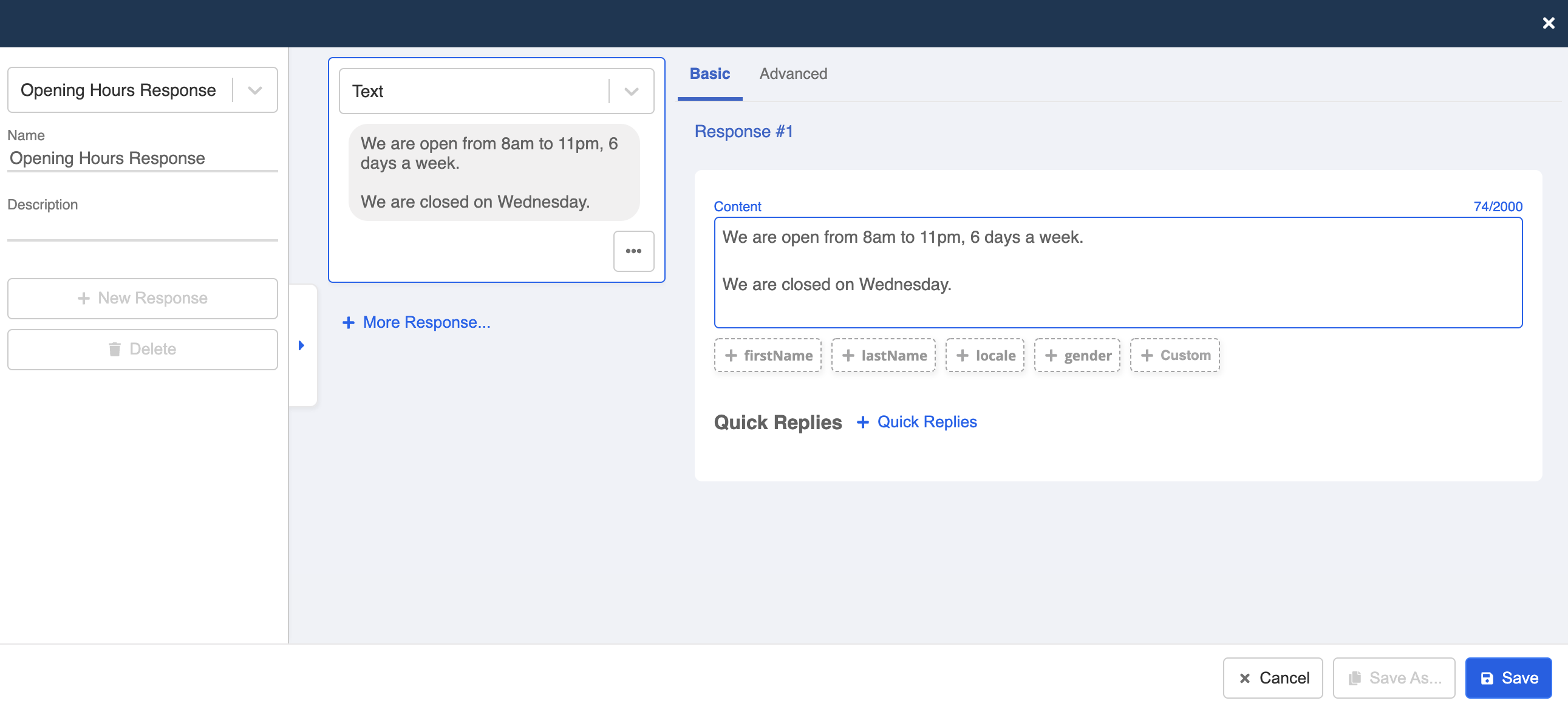 Create Opening Hours text response